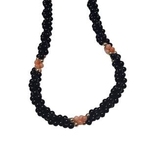 Black Onyx and Pink Coral Gemstone Mino Round Bead Twisted Necklace Vintage
